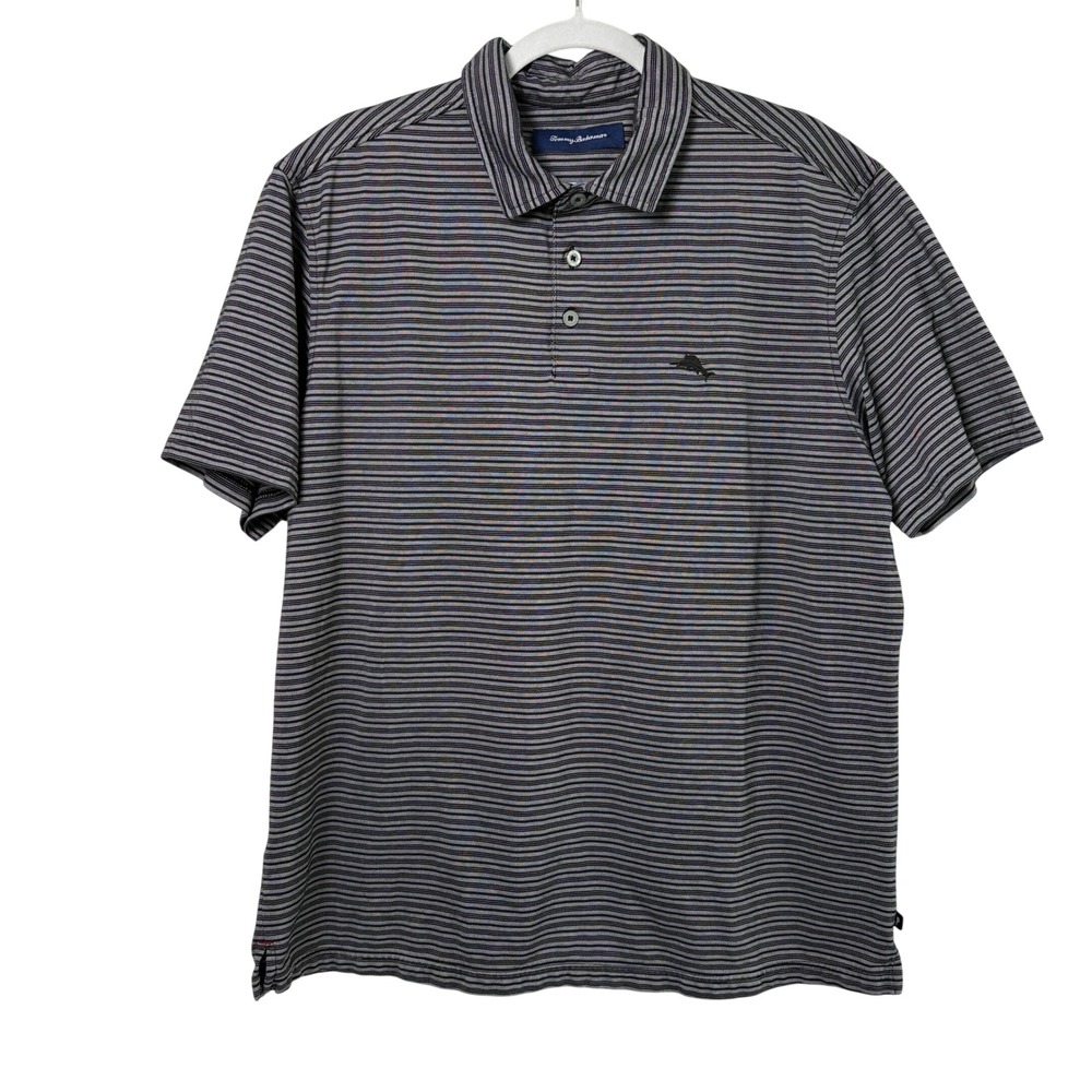 Tommy Bahama Polo Shirt Mens XL Grey Striped Pima Cotton Blend Short Sleeve‎